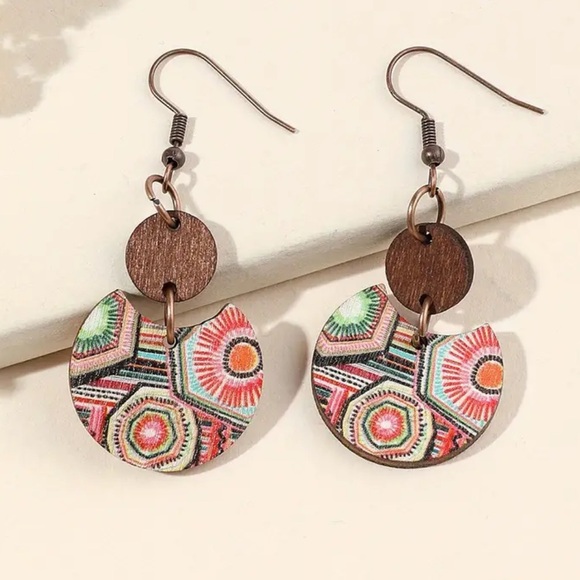 Boho Colorful Print Segmented Wooden Drop Style Earrings - Picture 4 of 6